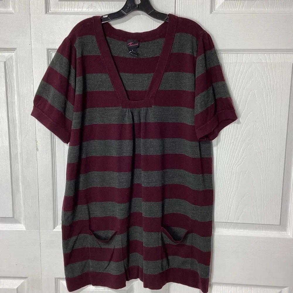 Vintage Torrid Striped V-Neck Tunic Sweater Dress MIDI in Burgundy and Gray 3